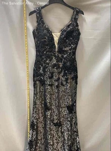Jovani Womens Black Silver Floral Off The Shoulder Sleeve Lace Maxi Dress Sz 14 - Picture 1 of 6