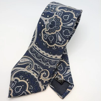 Hugo Boss 男式丝绸领带海军蓝/白色佩斯利 3 英寸宽 x 60 英寸长经典豪华意大利 — 第 1/4 张图片