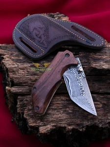 Handmade Pocket Knife in Damascus Steel with Liner lock, Dark Solid wood Handle - Picture 1 of 5
