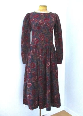 Laura Ashley GB Blue Red Floral Corduroy Cottage Core Tea Dress Pockets US 10 - Image 1 of 4