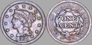 1851 BRAIDED HAIR CENT DETAILED OLD COIN - Imagen 1 de 3
