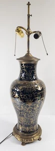 Antique Chinese Mirror Black GIlded Table Lamp Floral Scrolls Vase - Picture 1 of 10