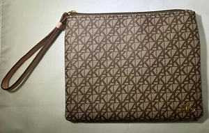 Anne Klein AK Monogram Logo Zip Clutch Wristlet Brown & Beige Blush Pink Strap - Picture 1 of 8