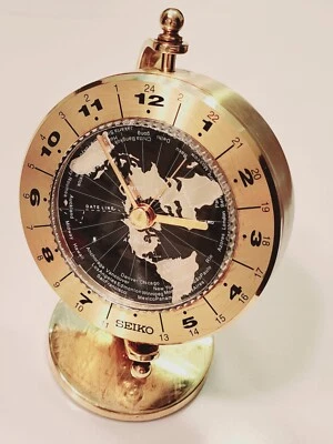 Seiko World Time Desk / Table Brass  QHG106GLH ** WORKS ** - Image 1 of 4