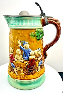 ANTIQUE BOCH FRERES KERAMIS MAJOLICA PITCHER MUG STEIN 9" LIDDED JAR c1900 vg - Picture 1 of 11