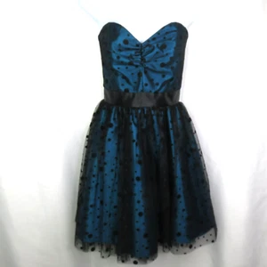 Gunne Sax Jessica McClintock trägerloses Kleid blau schwarz Punkte Tüll Satin kurz - Bild 1 von 10