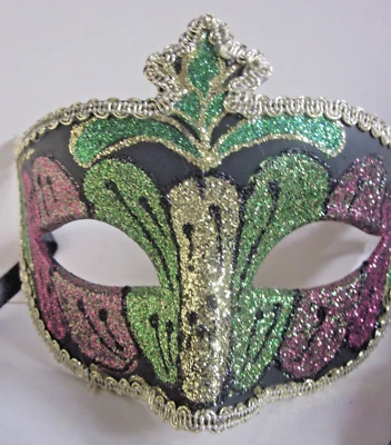 Disfraz de fantasía máscara de ojos para dama Mardi Gras colores brillantes verde dorado rosa, cintas Foto 1 de 4