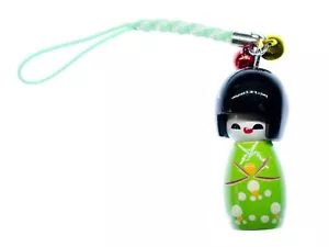 Geisha Handyanhänger Anhänger Schlüsselanhänger Puppe Asien KOKESHI Holz grün - Bild 1 von 4