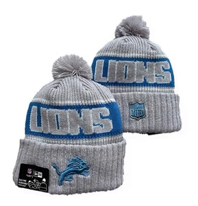 NFL Detroit Lions Beanie Cuffed Fleece Lined KNIT POM POM - NEW ERA GRAY WHITE - Imagen 1 de 1