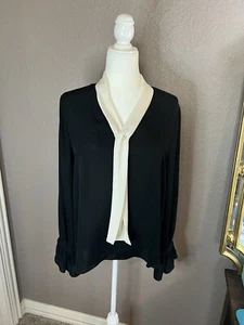 KOBI HALPERIN V-Neck Long Sleeve Black With Cream Trim Pearl Button Blouse L - Picture 1 of 6