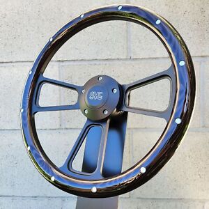14" Black Billet Steering Wheel Real Dark Burnt Pine Metal Rivets GMC Retro
