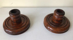 Vintage Primitive Wooden Pair of Turned Rustic Candlestick Holders Farmhouse - Picture 1 of 12