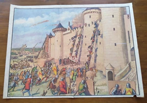 Affiche Scolaire MDI Château Fort Attaqué Croisade Recto Verso 67x91cm Vintage - Picture 1 of 18