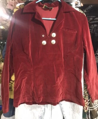 1970-е Кроваво-красный Бархатный Топ Thunderbird Boho Hippy Велюр Маленький Средний - Изображение 1 из 4