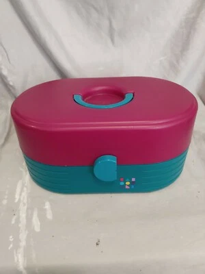 Estuche de viaje de almacenamiento organizador de maquillaje ovalado vintage Caboodles turquesa granate Foto 1 de 4