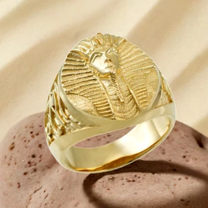 10K Yellow Gold Tutankhamun Egyptian Pharaoh King Tut Horus Ring - Picture 1 of 24