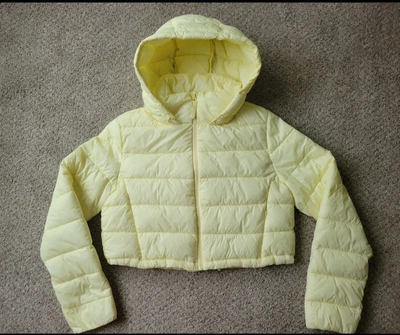 ZARA Women’s Cropped Puffer Jacket Yellow Hooded Size L Quilted - Image 1 of 4