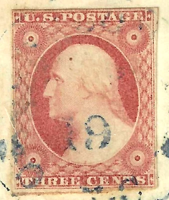 Sc #10/11 Near 4 Margins  Blue Cancel 3 Cent Washington 1851-57 US 36B31 - Image 1 of 2