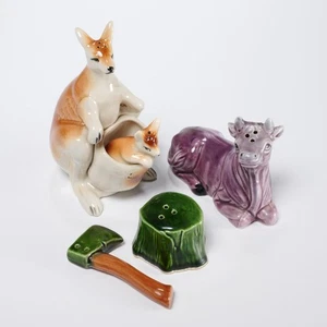 Vintage Ceramic Kangaroo Axe Tree Stump Purple Cow Salt Pepper Shakers 5pc Lot - Picture 1 of 9
