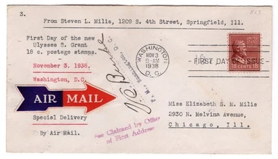 #823 Presidential Series 18c Ulysses S. Grant 1938 FDC - Typed Cachet - Image 1 of 2