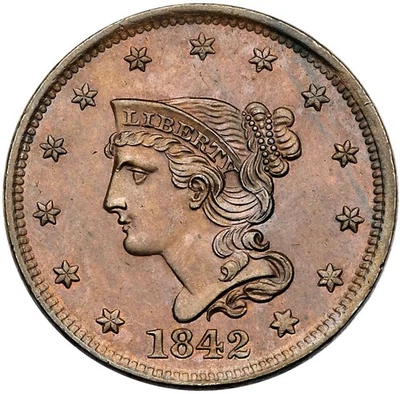 1842 N-8 R-1 PCGS MS 62 BN Braided Hair Large Cent Coin 1c - Image 1 of 3