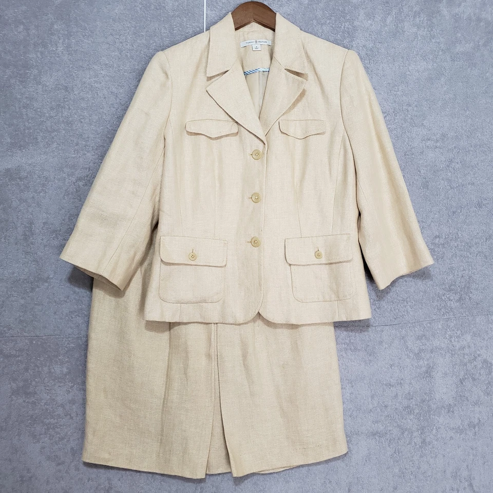 Tommy Hilfiger Vintage Traje de Lino 10 Mujer Chaqueta Falda 2 piezas Amarillo Manga 3/4 Foto 1 de 4