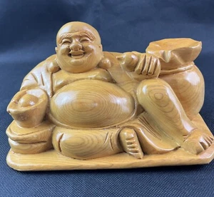 Laughing Buddha Hand Carved Wood Smiling 6” - Picture 1 of 7
