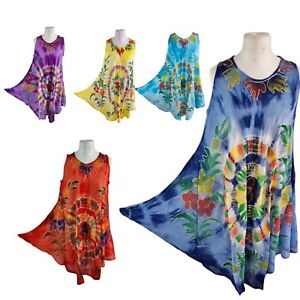New Ladies Tie Dye A Line Umbrella Tunic Dress Sundress Summer Beach Kaftan UK