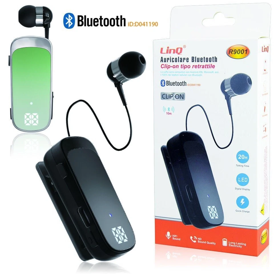 x Auricolare Bluetooth Clip-On Retrattile LinQ R9001 HiFi 20H Autonomia - Immagine 1 di 1