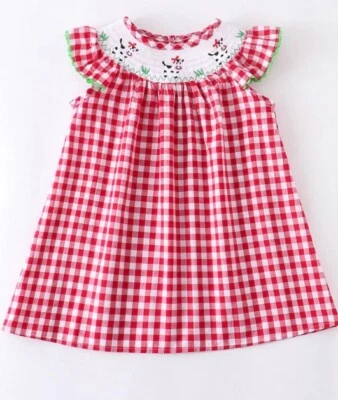 NEW Boutique Farm Cow Embroidered Smocked Red Dress - Image 1 of 4