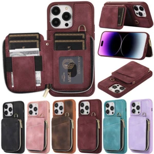 For iPhone 14 Plus 13 Pro 12 11 Pro Max Strap Zipper Card Wallet Phone Case - Picture 1 of 79