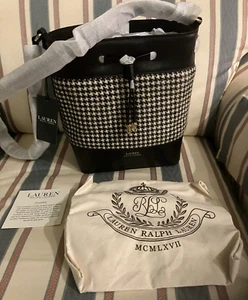 NWT Lauren Ralph Lauren Black & White Leather Drawstring Shoulder Bag - $278 - Picture 1 of 10