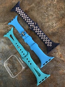 Silikonarmbänder für Apple Watch 3PK 42mm/44mm M/L Blau Türkis Pink + Jeweled Cover - Bild 1 von 1