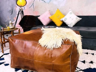 Boho Vintage Unstuffed New Brown 30'' Pouf Handcrafted Leather Moroccan Pouffe - Image 1 of 4