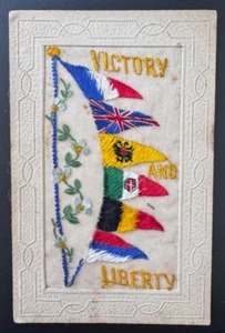 RARE Patriotic: WW1 Embroidered Silk Postcard: Victory and Liberty - Picture 1 of 7