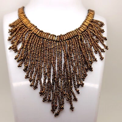 Colar gargantilha franja com miçangas marrom feito à mão C001 bijuterias vintage - Imagem 1 de 4