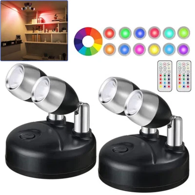 2Pcs Wireless Spotlight RGB Colour Changing 2Head LED Puck Lights Remote Battery - image 1 of 4