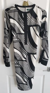 Abito Lauren Ralph Lauren tubino bianco e nero motivo geometrico con cravatta in vita - Foto 1 di 10