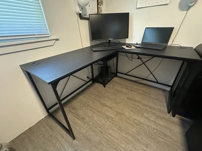 Two-Way Convertible Desk with Storage Shelf & Cord Management, Charcoal - Image 1 of 4