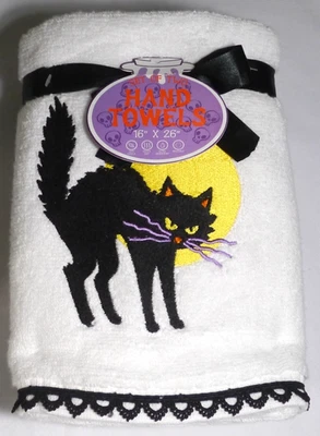 NEW Halloween 2 Pk Embroidered Hand Towels Black Cat 16"x26" - Image 1 of 4
