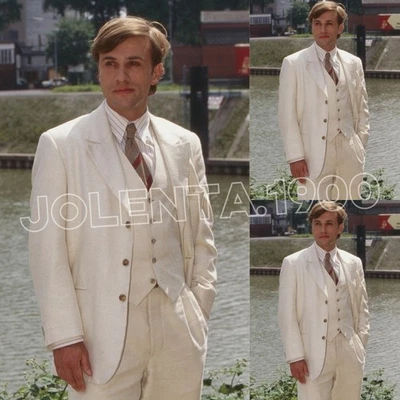 Abrigo elegante de negocios chaqueta beige solapa pico vintage de lino 3 piezas para hombre Foto 1 de 4