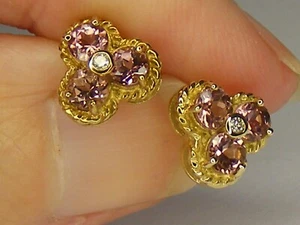 Pink Tourmaline Diamond & 9ct Gold 4 Stone Stud Earrings Hallmarked - Picture 1 of 5