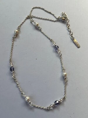 Napier Signed Dainty Silvertone Chain w Faux White Pearl & Purple Plastic Beads - Image 1 of 4