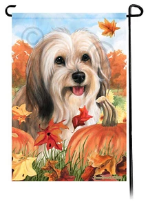 Falling Leaves Garden Flag - Cream Tibetan Terrier - Picture 1 of 1