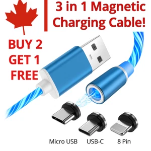 Câble Chargeur Magnétique Lumière LED 3 en 1 Charge Rapide pour Apple Type C Micro USB - Photo 1 sur 10