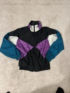 Vintage 90s Cabin Creek Purple Black Teal Nylon Windbreaker Jacket Sz Petite S - Picture 1 of 4