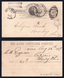 USA MISSENT to Beverly WVa 1887 Baltimore Raisin Fertlizer Postcard - Picture 1 of 3