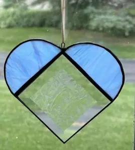 Stained Glass Heart Suncatcher Blue Clear Beveled Center Panel - Picture 1 of 6