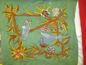 Vintage Needlepoint Picture on green linen 2 Birds with Worm Jacobean Flowers - Picture 1 of 6