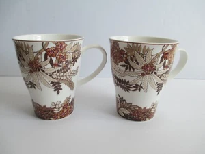 Hankook  Fine Bone China Set of 2 Cups Mugs 2948 Cacao Brown Floral 12 oz - Picture 1 of 7